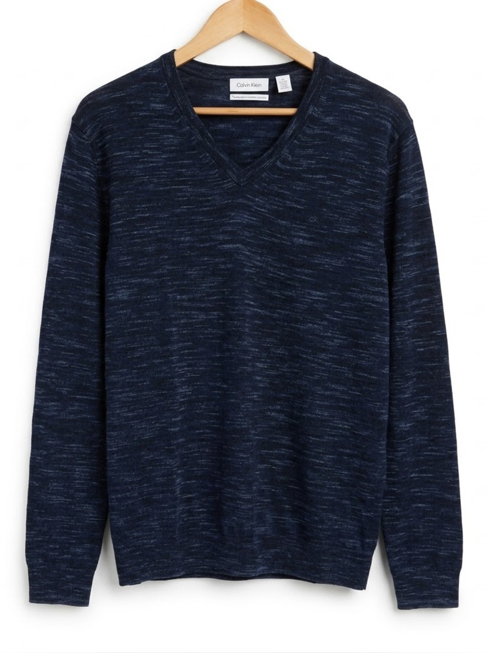 Calvin Klein Extra Fine Merino Wool Sweater Mens Large Navy Blue V-Neck